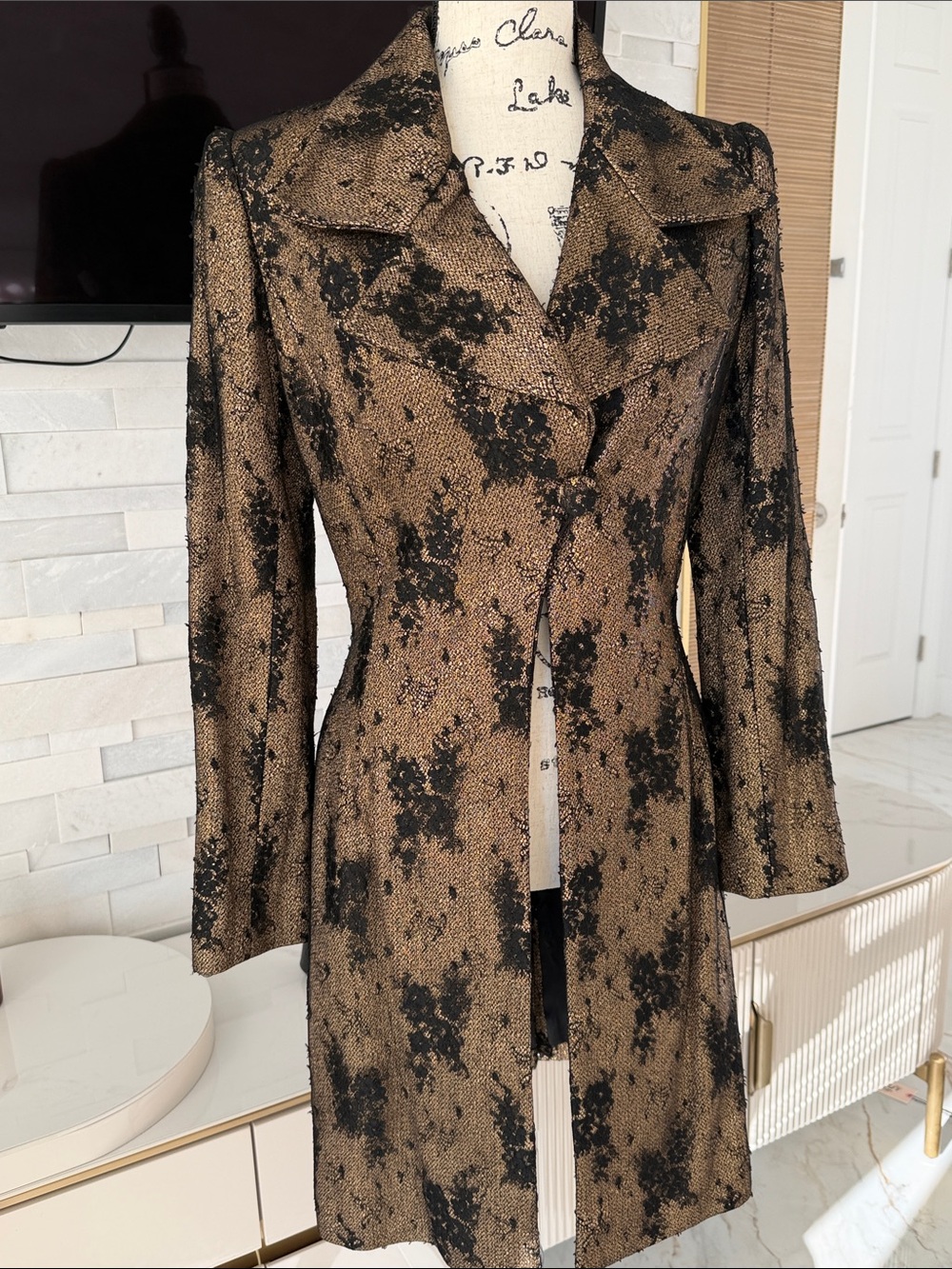 Peggy Gennings Metallic Bronze and Black Patterned Womens Coat